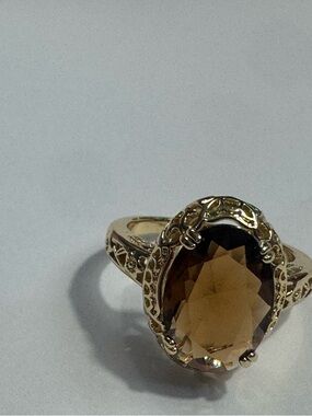 Ornate Gold Filigree Ring with Smoky Brown Oval Gem